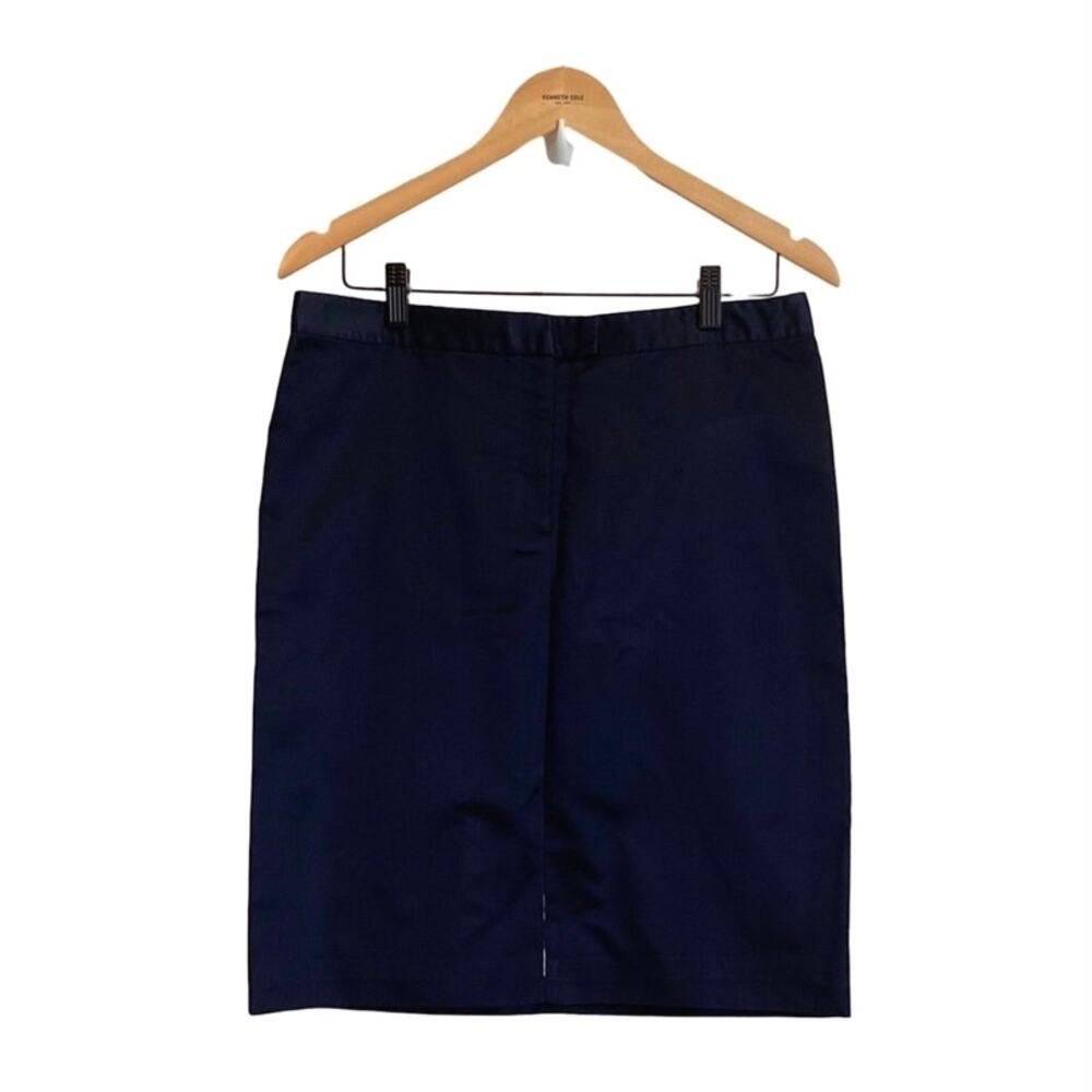 VTG Monique Lhuillier Navy Silk Pencil Skirt Sz 10 Front Slit Minimalist Capsule